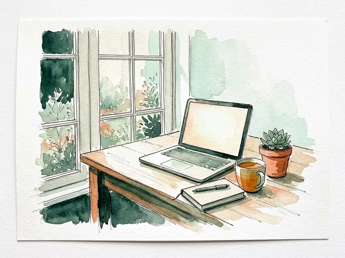 Watercolour of a wooden desk by a window with an open laptop, a notebook and pen, a cup of tea and a small succulent.