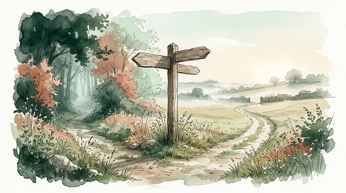 Watercolour of a wooden signpost at a fork in a countryside path, one way into woods and one across misty fields.