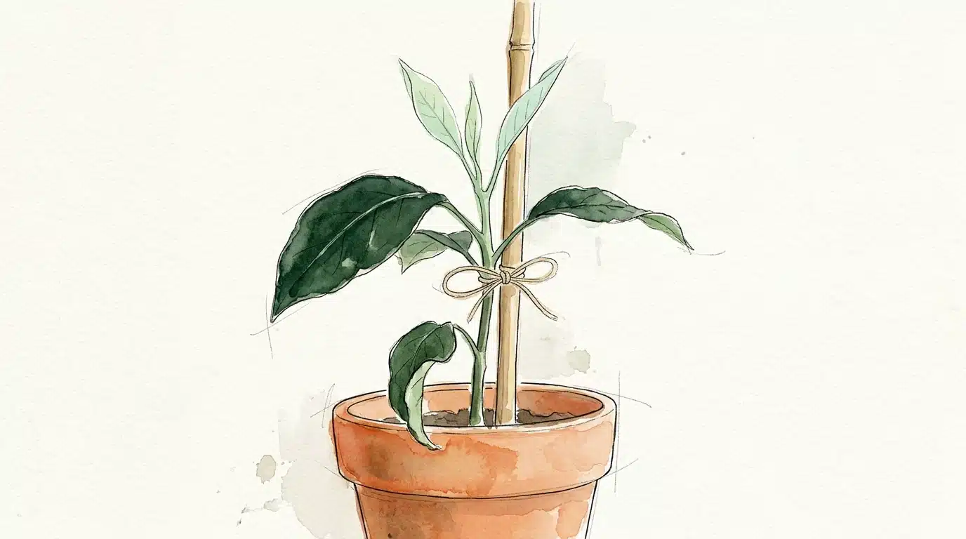 Watercolour of a young plant in a terracotta pot, gently tied to a bamboo cane for support.