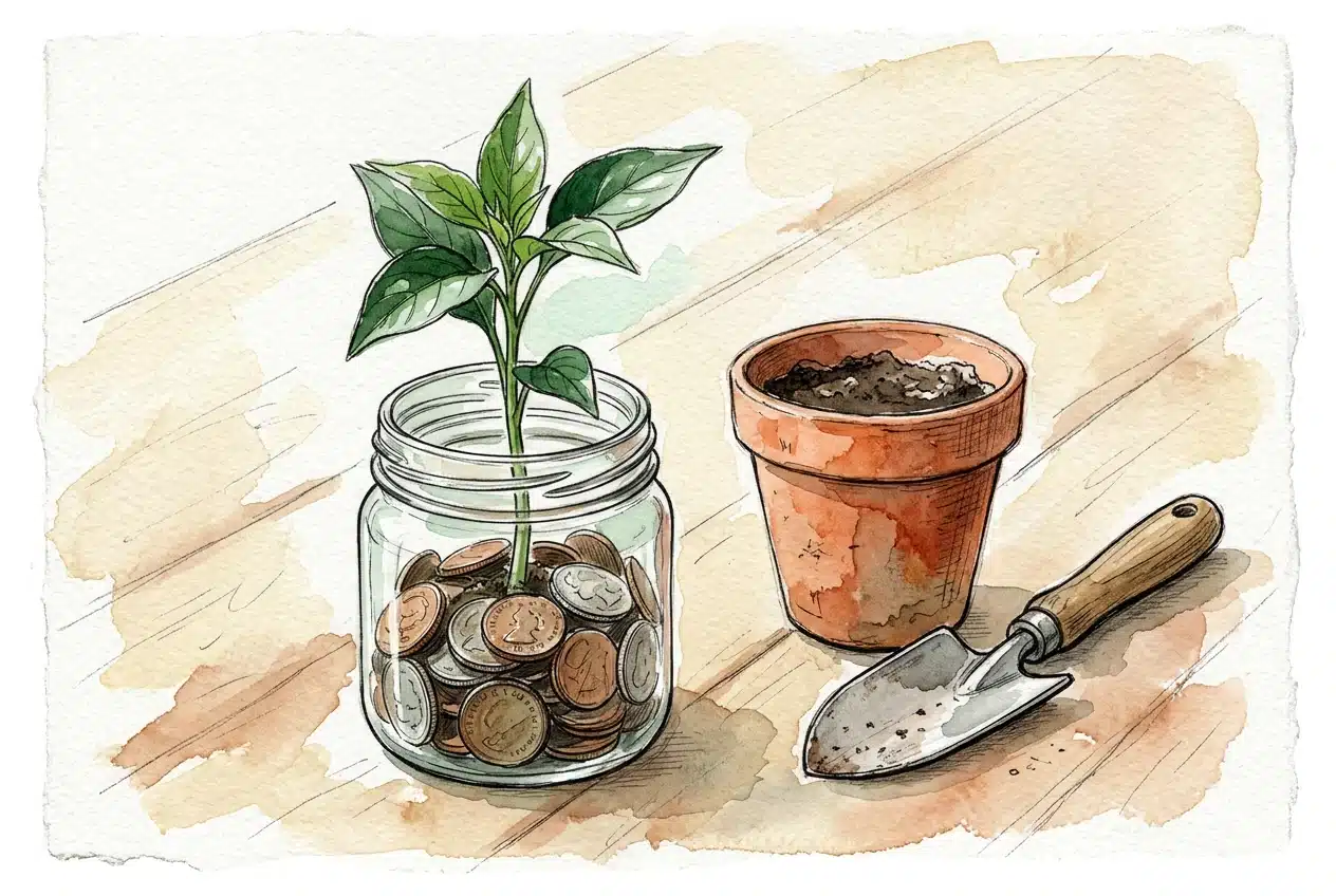 Watercolour of a seedling growing from a glass jar of coins, next to a terracotta pot and a garden trowel.