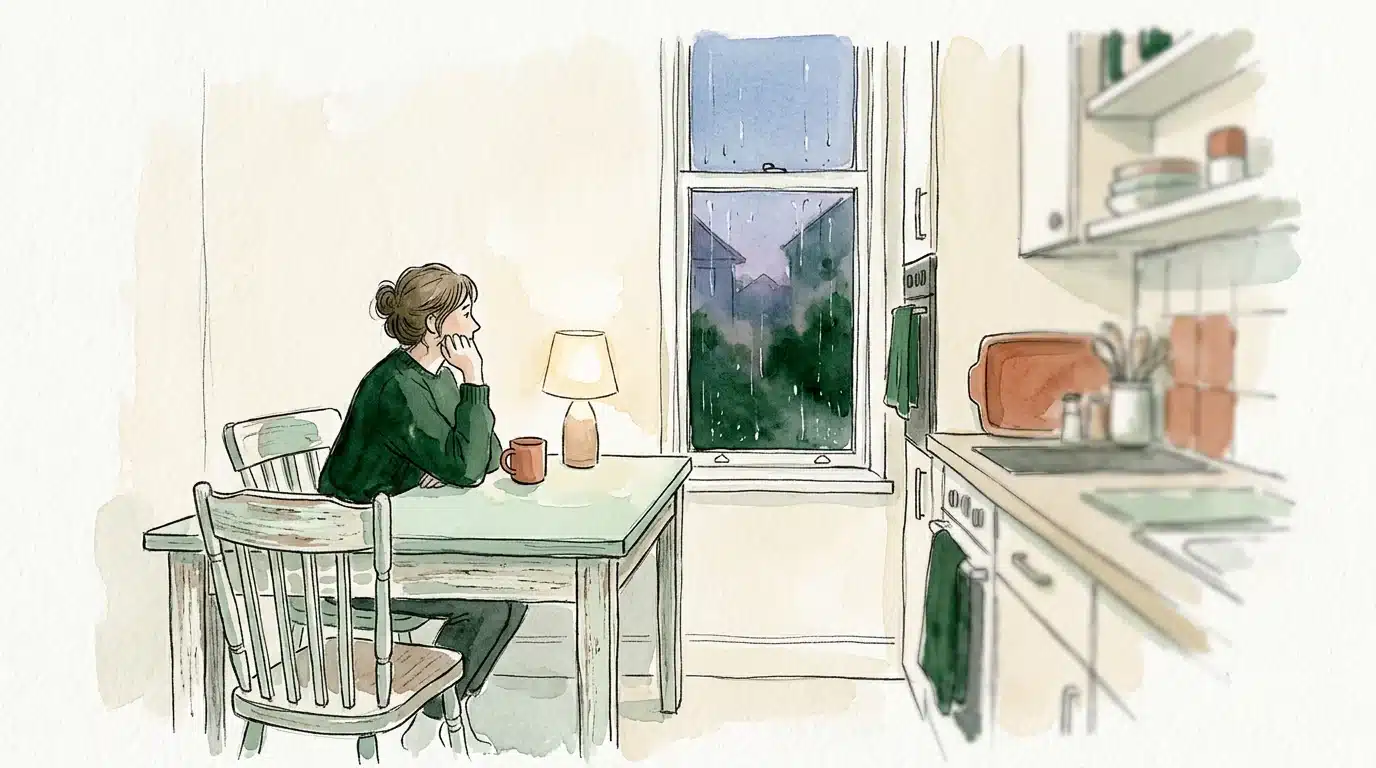 Watercolour of a person sitting alone at a kitchen table in the evening, chin in hand, looking out at the rain.
