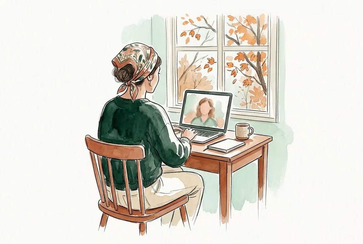 Watercolour of a woman in a patterned headscarf, seen from behind at a small desk, on a video call with her counsellor.