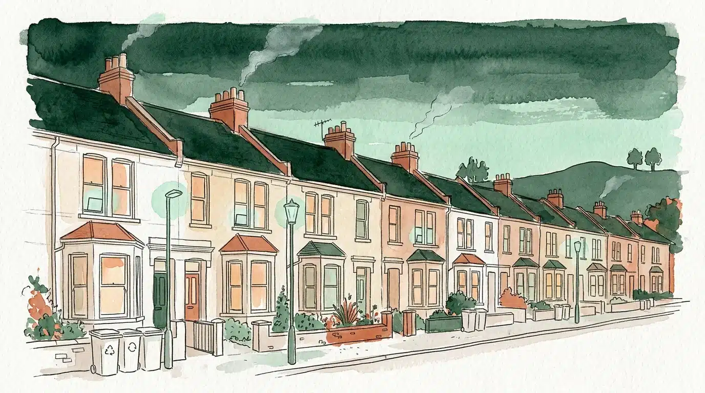 Watercolour of a row of UK terraced houses at dusk, with warm light in the windows.