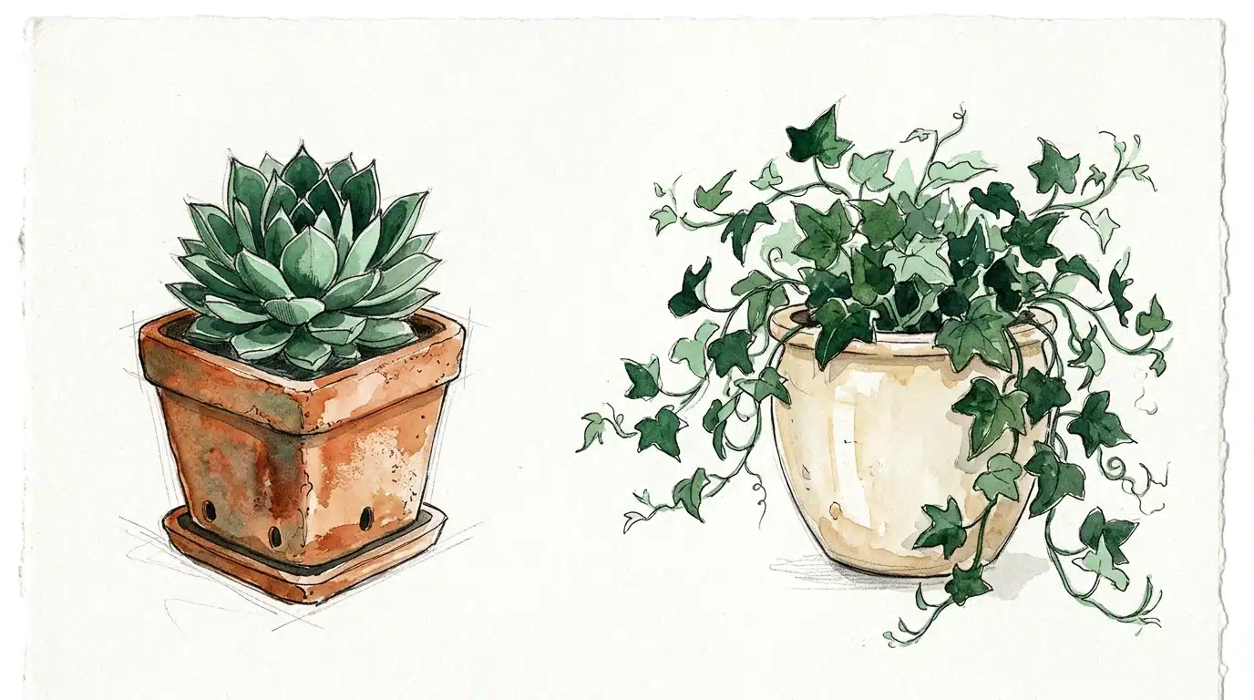 Watercolour of two healthy plants side by side: a neat succulent in a square pot and a trailing ivy in a round pot.
