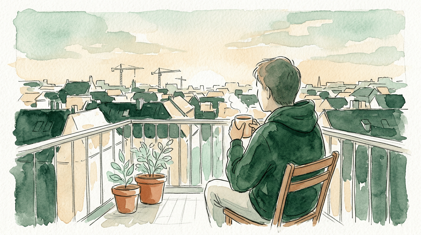 Watercolour of a person in a hoodie sitting on a city flat balcony at sunrise with a mug, looking out over rooftops.