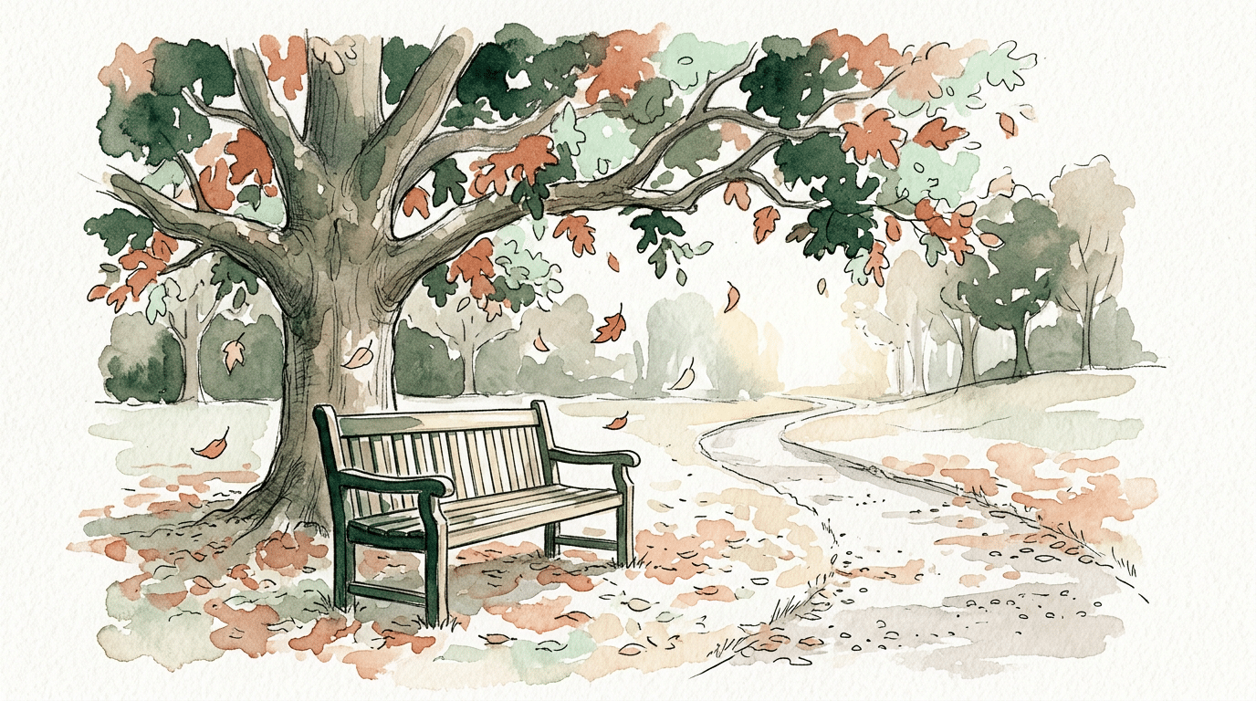 Watercolour of a wooden park bench under an oak tree in autumn, with a path curving away.