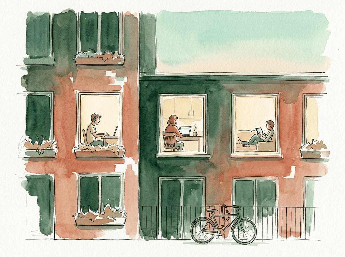 Watercolour of a block of flats at dusk, with three lit windows showing different people having online counselling sessions.