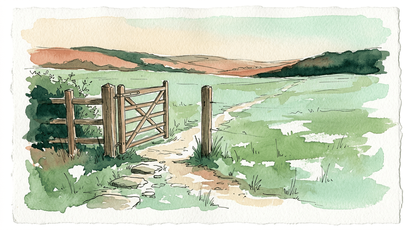 Watercolour of a wooden gate standing open onto a footpath across a meadow in morning light.