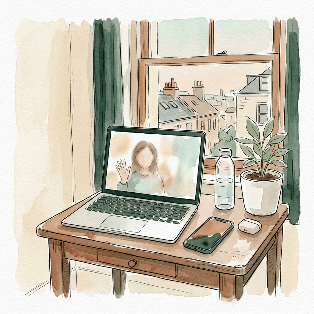 Watercolour of a laptop on a bedroom desk showing a counsellor waving hello, beside a phone and a water bottle.