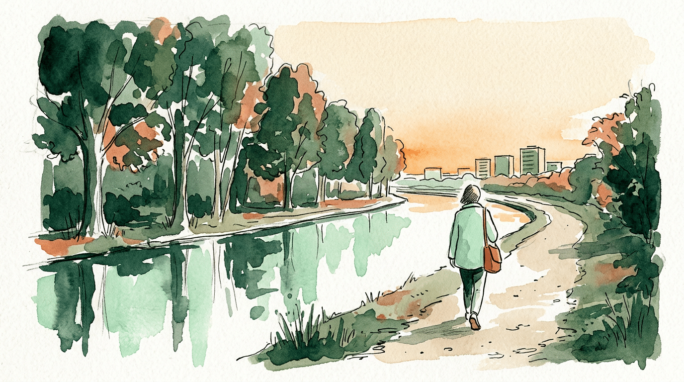 Watercolour of a person walking along a tree-lined canal towpath in the evening, away from distant offices.